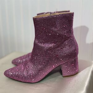 Betsey Johnson SB-Kyla Pink Rhinestone Ankle Boots Size 6M Sparkle Party Glam